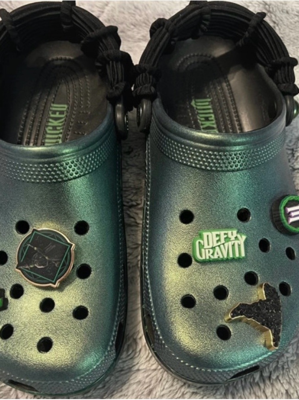 CROCS Kids' Iridescent Green-Teal Clog Mules with Charms